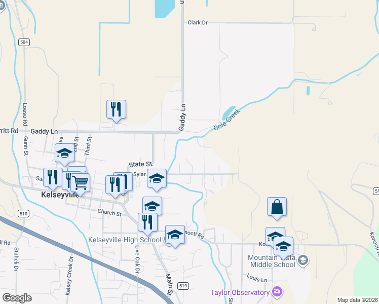 map of restaurants, bars, coffee shops, grocery stores, and more near 4544 Sylar Lane in Kelseyville