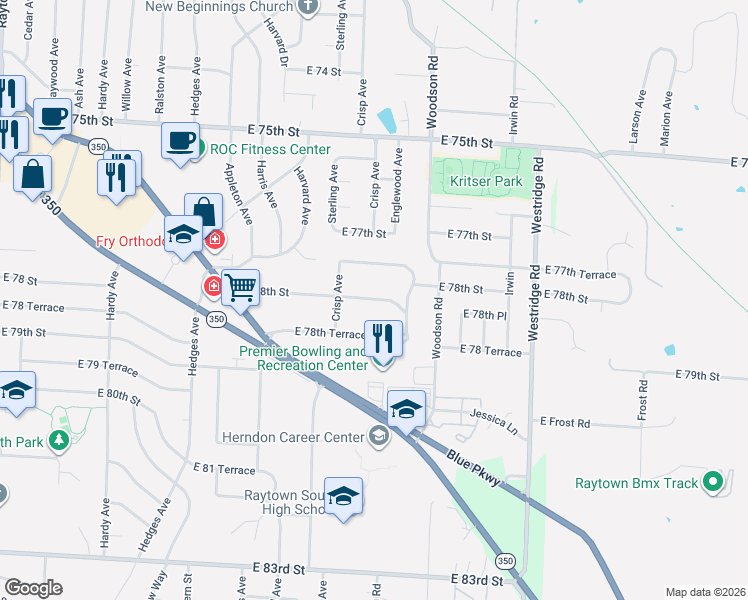 map of restaurants, bars, coffee shops, grocery stores, and more near 11307 East 78th Street in Raytown