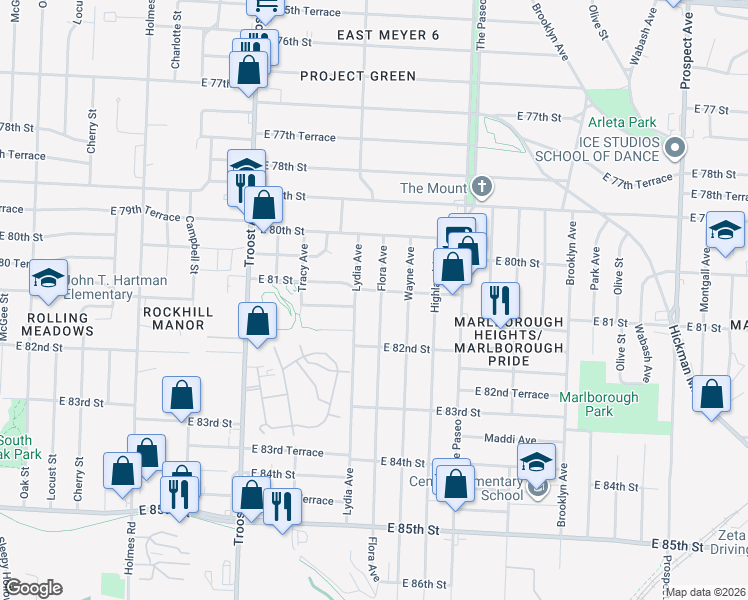 map of restaurants, bars, coffee shops, grocery stores, and more near 8106 Flora Avenue in Kansas City