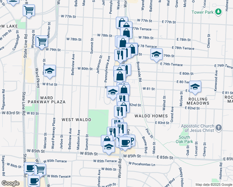 map of restaurants, bars, coffee shops, grocery stores, and more near 8100 Wornall Road in Kansas City