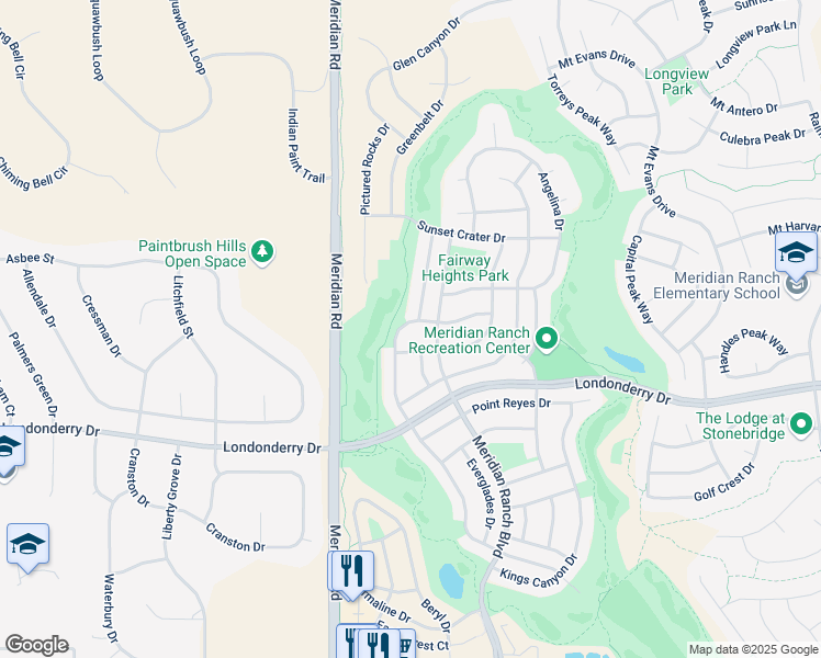 map of restaurants, bars, coffee shops, grocery stores, and more near 10431 Antler Creek Drive in Peyton