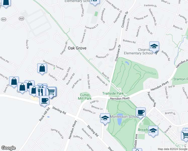 map of restaurants, bars, coffee shops, grocery stores, and more near 1107 Jeff Ryan Drive in Herndon