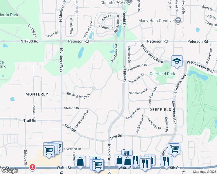 map of restaurants, bars, coffee shops, grocery stores, and more near 204-208 Fall Creek Road in Lawrence