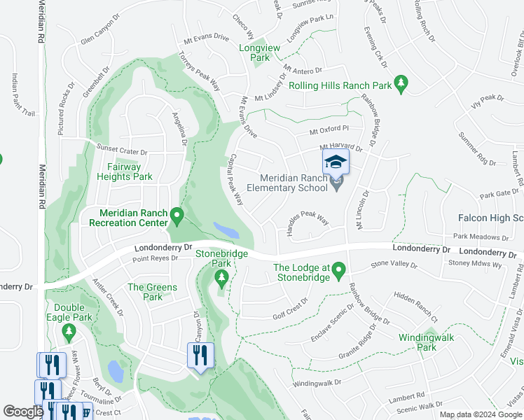map of restaurants, bars, coffee shops, grocery stores, and more near 10333 Mount Wilson Place in Peyton