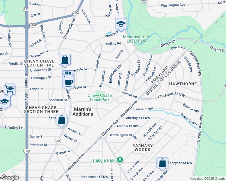 map of restaurants, bars, coffee shops, grocery stores, and more near 3302 Winnett Road in Chevy Chase