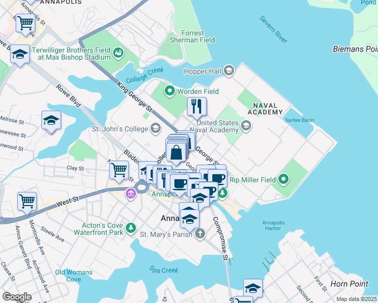 map of restaurants, bars, coffee shops, grocery stores, and more near Maryland Avenue in Annapolis