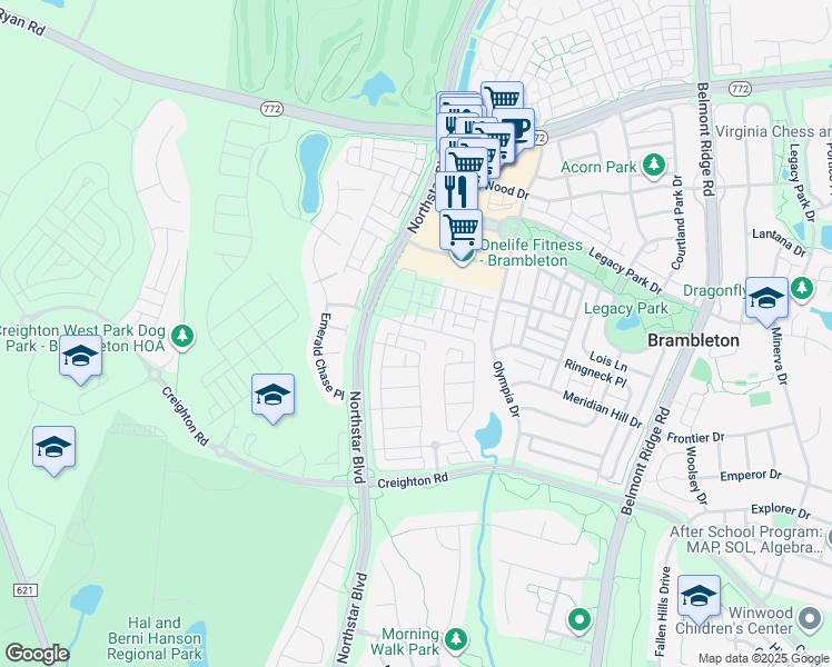 map of restaurants, bars, coffee shops, grocery stores, and more near 22951 Sullivans Cove Square in Brambleton