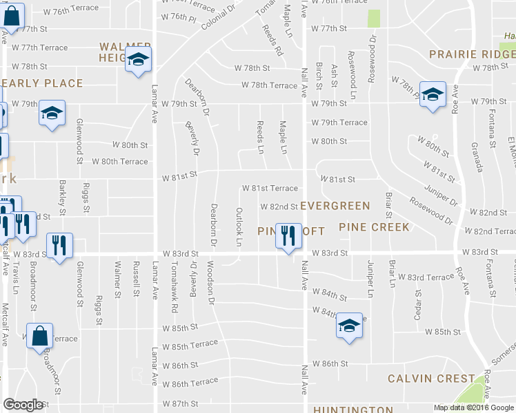 map of restaurants, bars, coffee shops, grocery stores, and more near West 82nd Street in Prairie Village