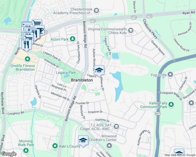 map of restaurants, bars, coffee shops, grocery stores, and more near 22995 Minerva Drive in Ashburn