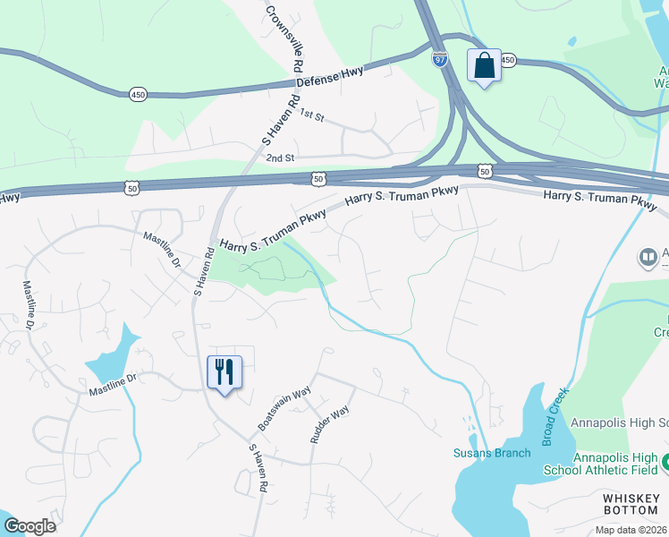map of restaurants, bars, coffee shops, grocery stores, and more near 864 Woodmont Road in Annapolis
