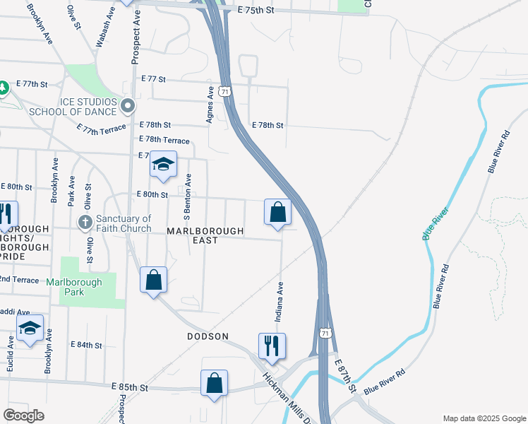 map of restaurants, bars, coffee shops, grocery stores, and more near 8031 College Avenue in Kansas City