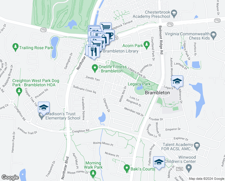 map of restaurants, bars, coffee shops, grocery stores, and more near 42439 Malachite Terrace in Ashburn