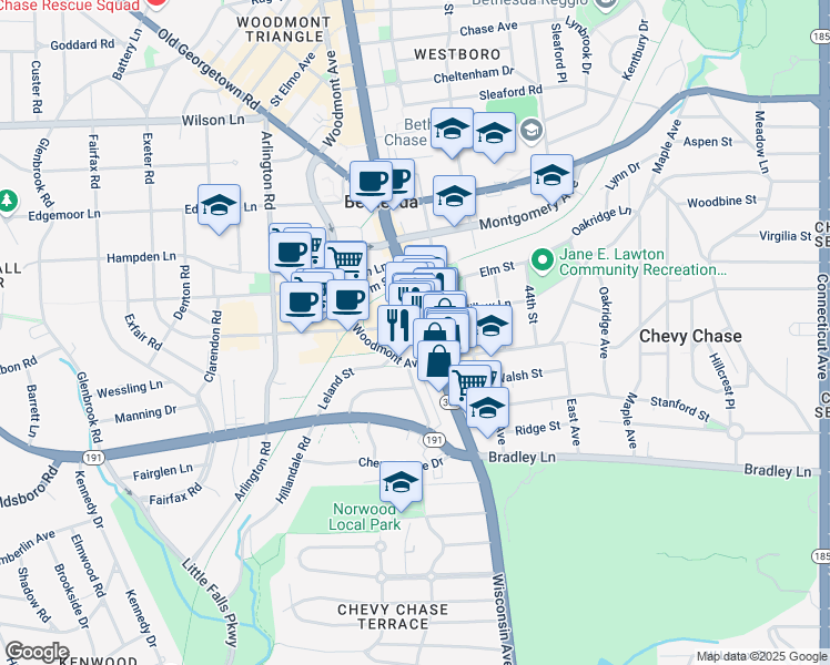 map of restaurants, bars, coffee shops, grocery stores, and more near 7140 Wisconsin Avenue in Bethesda