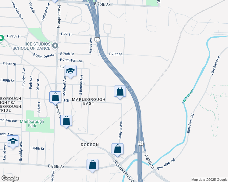 map of restaurants, bars, coffee shops, grocery stores, and more near 8031 College Avenue in Kansas City
