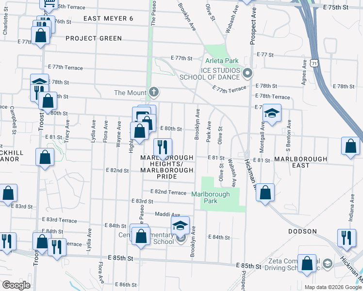 map of restaurants, bars, coffee shops, grocery stores, and more near 8035 Garfield Avenue in Kansas City