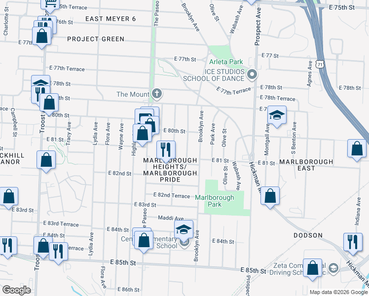 map of restaurants, bars, coffee shops, grocery stores, and more near 8035 Garfield Avenue in Kansas City