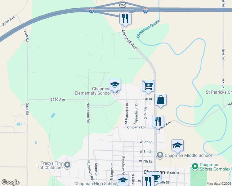 map of restaurants, bars, coffee shops, grocery stores, and more near 500 Irish Drive in Chapman