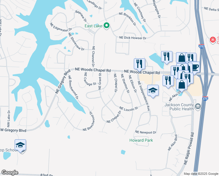 map of restaurants, bars, coffee shops, grocery stores, and more near 3713 Northeast Colonial Drive in Lee's Summit