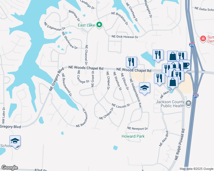map of restaurants, bars, coffee shops, grocery stores, and more near 3706 Northeast Chapel Drive in Lee's Summit