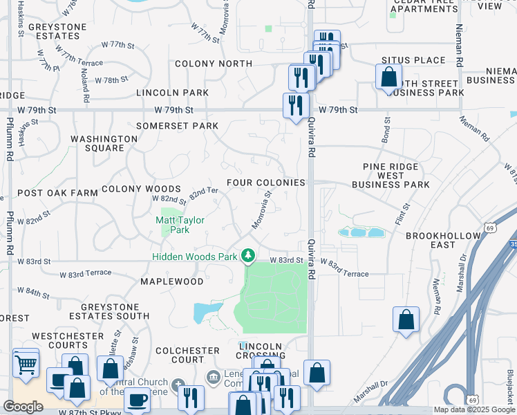 map of restaurants, bars, coffee shops, grocery stores, and more near 8191 Monrovia Street in Lenexa
