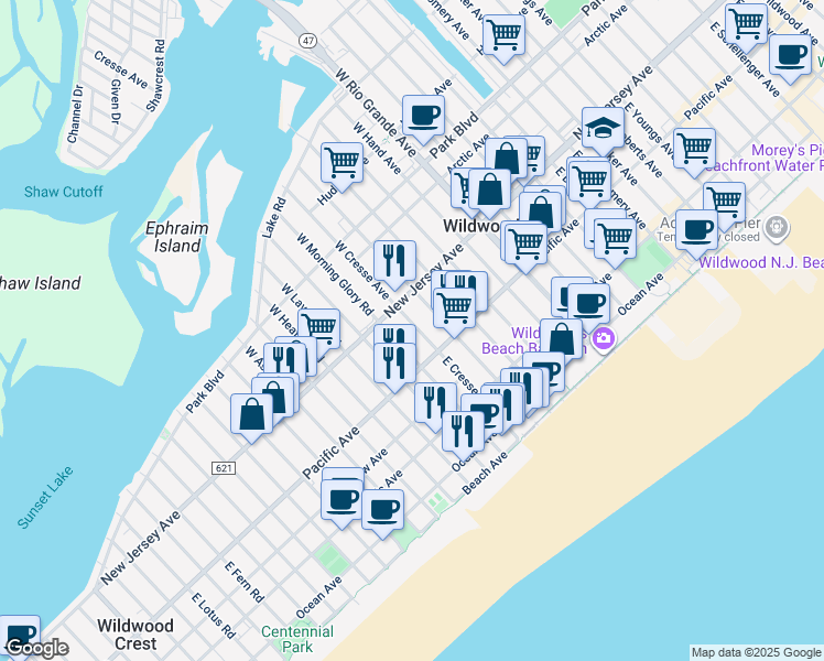 map of restaurants, bars, coffee shops, grocery stores, and more near 116 East Cresse Avenue in Wildwood
