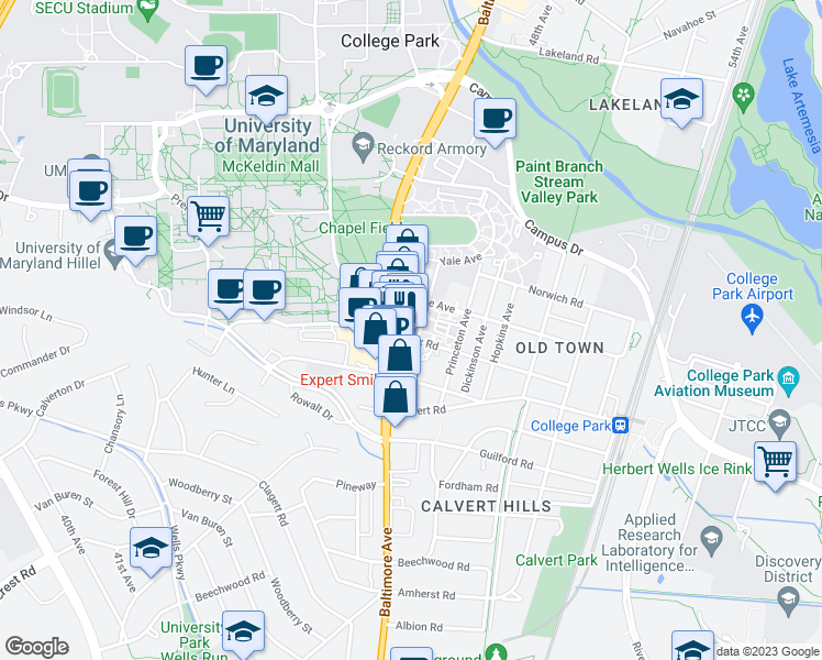 map of restaurants, bars, coffee shops, grocery stores, and more near 4500 Knox Road in College Park