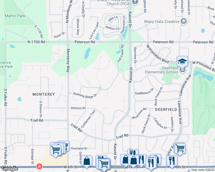 map of restaurants, bars, coffee shops, grocery stores, and more near 200-202 Fall Creek Rd in Lawrence