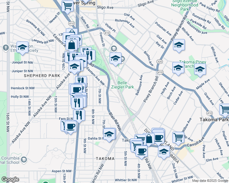map of restaurants, bars, coffee shops, grocery stores, and more near 7501 Blair Road in Takoma Park