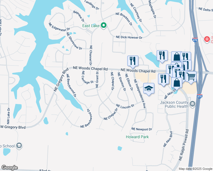 map of restaurants, bars, coffee shops, grocery stores, and more near 3713 Northeast Colonial Drive in Lee's Summit