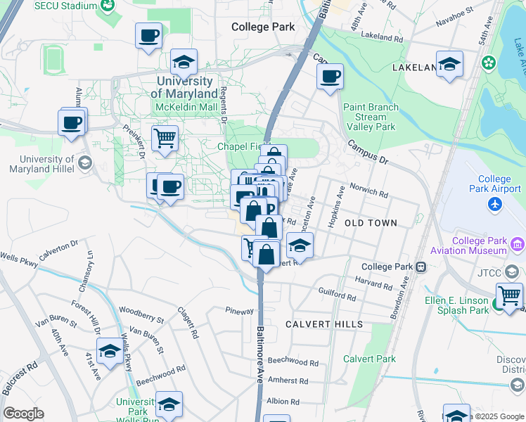 map of restaurants, bars, coffee shops, grocery stores, and more near 4500 Knox Road in College Park