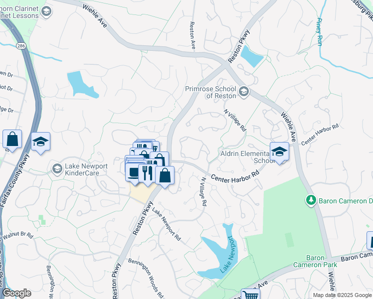 map of restaurants, bars, coffee shops, grocery stores, and more near 11539 Olde Tiverton Circle in Reston