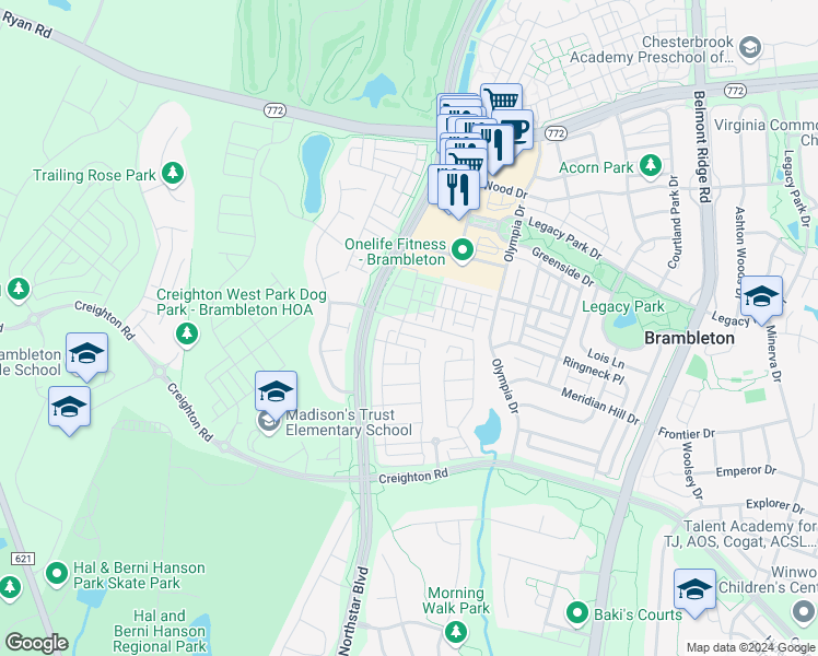 map of restaurants, bars, coffee shops, grocery stores, and more near 22939 Sullivans Cove Square in Brambleton