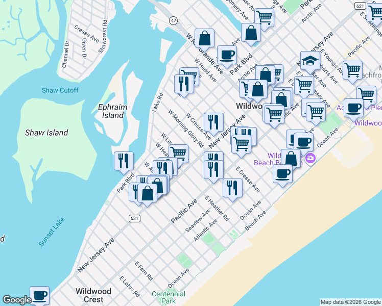 map of restaurants, bars, coffee shops, grocery stores, and more near 108 West Lavender Road in Wildwood Crest