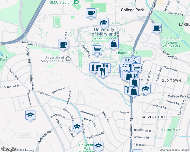 map of restaurants, bars, coffee shops, grocery stores, and more near 4201 Knox Road in College Park