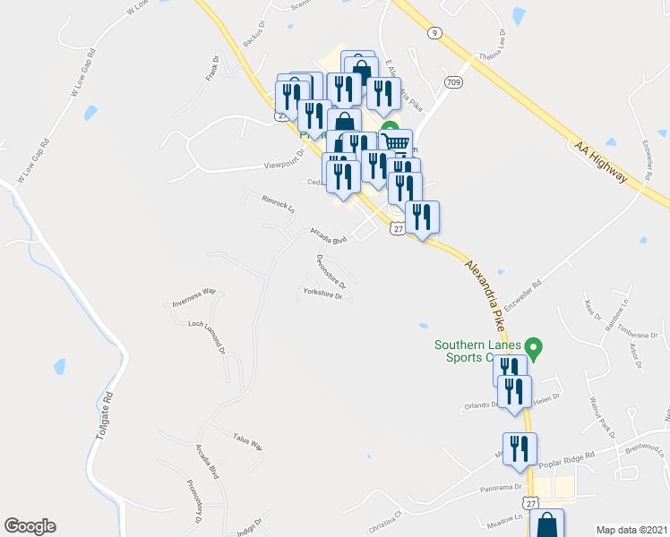 map of restaurants, bars, coffee shops, grocery stores, and more near 7384 Flintshire Drive in Alexandria
