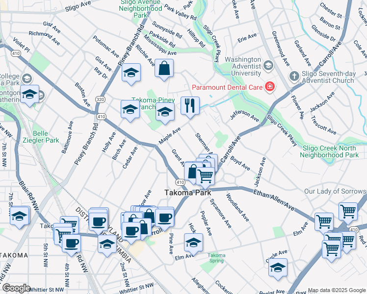 map of restaurants, bars, coffee shops, grocery stores, and more near 116 Lee Avenue in Takoma Park