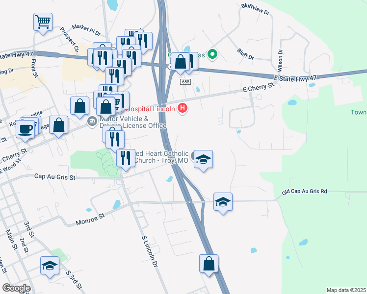 map of restaurants, bars, coffee shops, grocery stores, and more near 200 Thompson Drive in Troy