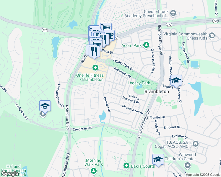 map of restaurants, bars, coffee shops, grocery stores, and more near 22987 Eversole Terrace in Ashburn