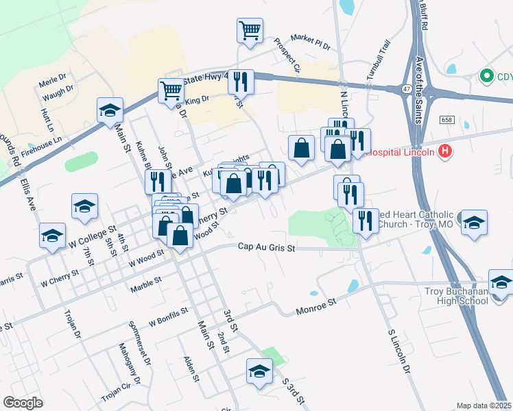 map of restaurants, bars, coffee shops, grocery stores, and more near 520 East Cherry Street in Troy