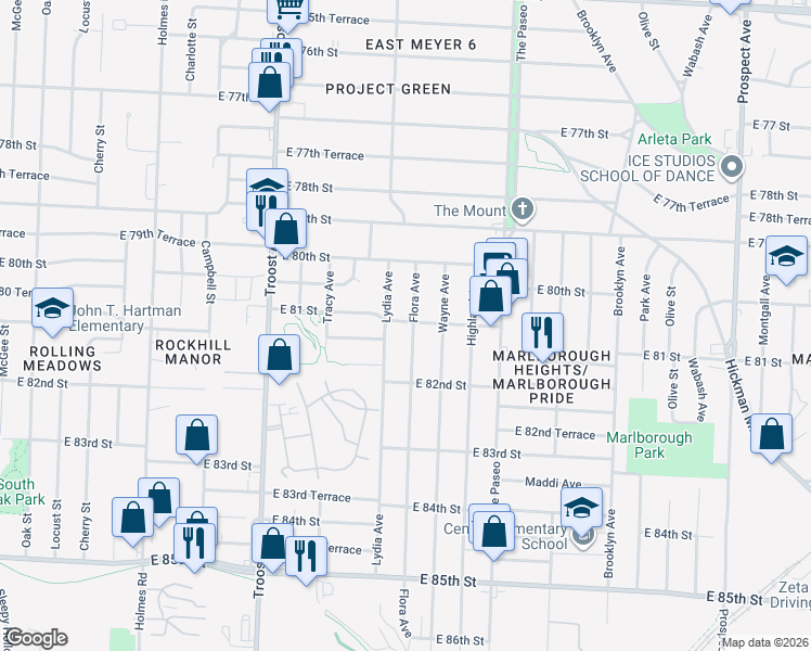 map of restaurants, bars, coffee shops, grocery stores, and more near 8106 Flora Avenue in Kansas City