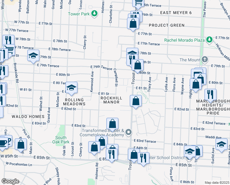 map of restaurants, bars, coffee shops, grocery stores, and more near 8101 Campbell Street in Kansas City