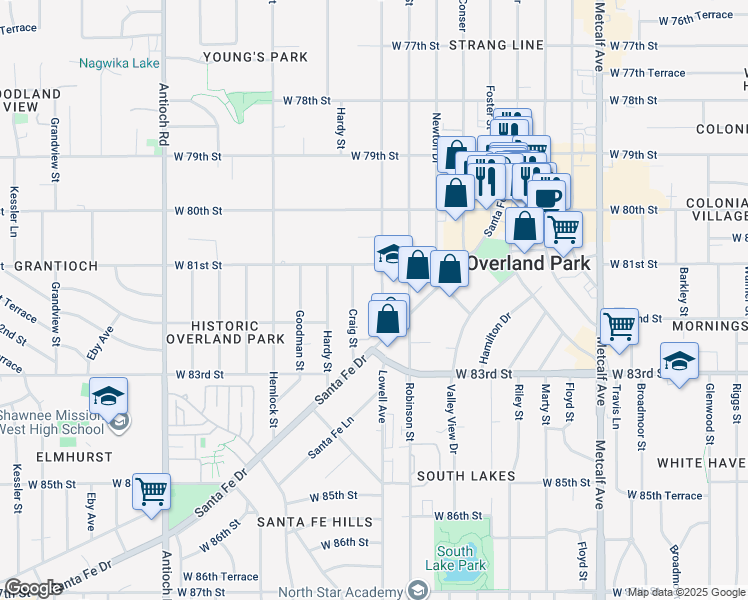 map of restaurants, bars, coffee shops, grocery stores, and more near 8136 Lowell Avenue in Overland Park