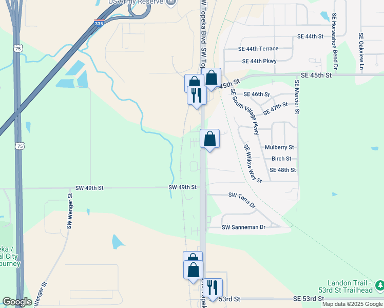 map of restaurants, bars, coffee shops, grocery stores, and more near 4725 Southwest Topeka Boulevard in Topeka