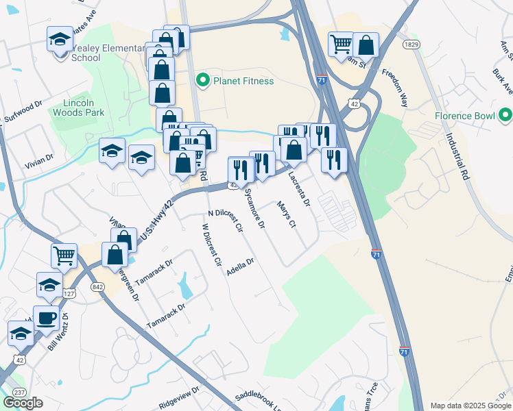 map of restaurants, bars, coffee shops, grocery stores, and more near 7 Sycamore Drive in Florence