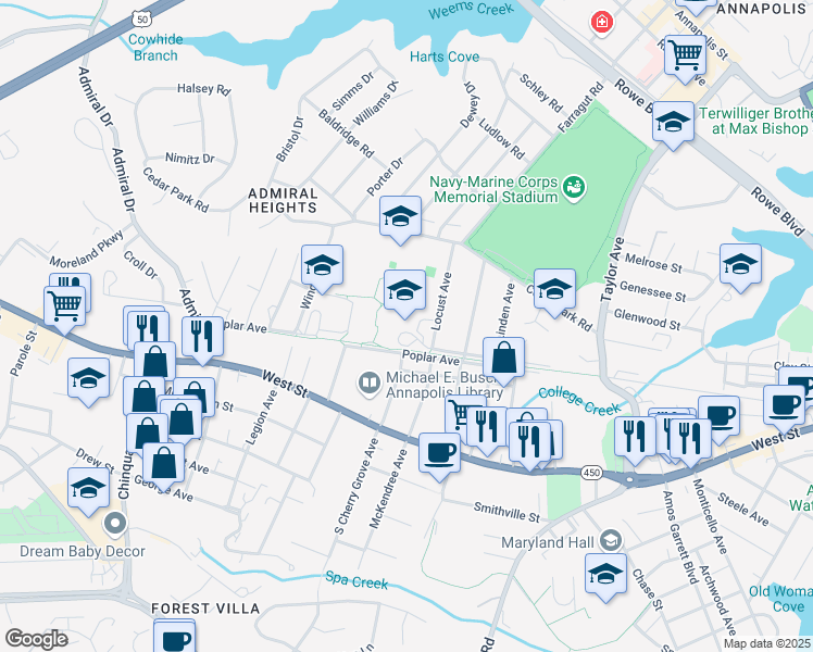 map of restaurants, bars, coffee shops, grocery stores, and more near 291 Locust Avenue in Annapolis