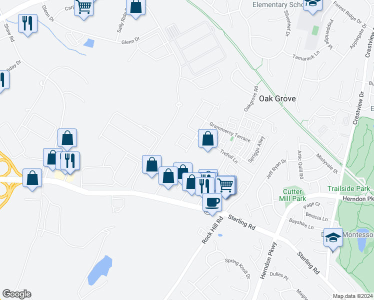 map of restaurants, bars, coffee shops, grocery stores, and more near Peach Oak Terrace in Sterling