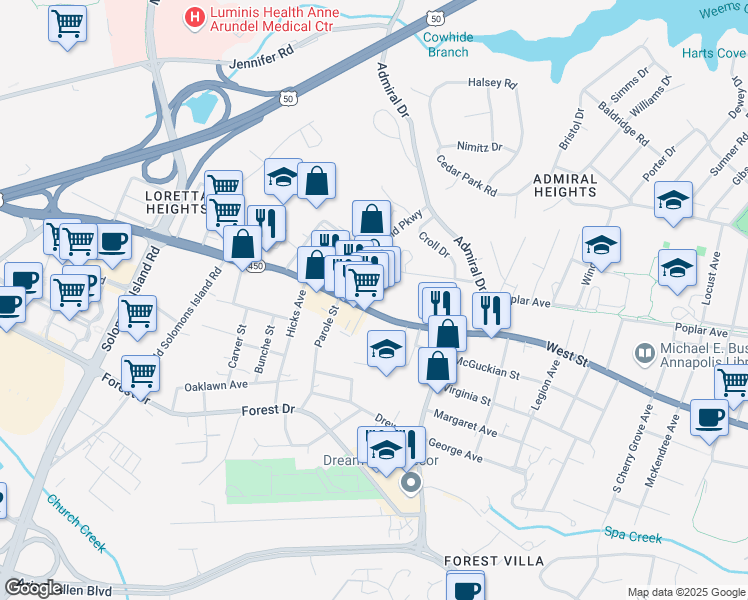 map of restaurants, bars, coffee shops, grocery stores, and more near 1923 Annapolis Mall Road in Annapolis