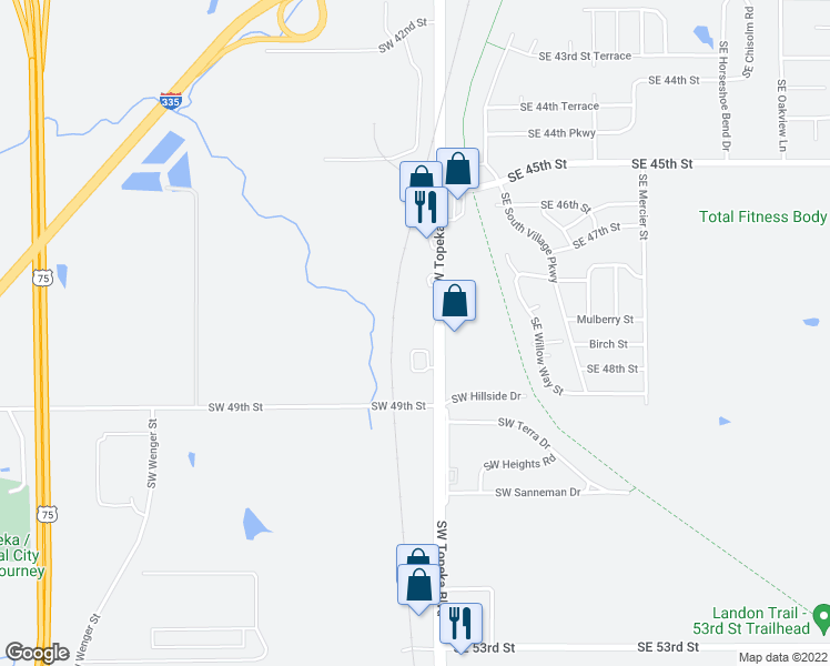 map of restaurants, bars, coffee shops, grocery stores, and more near 4725 Southwest Topeka Boulevard in Topeka