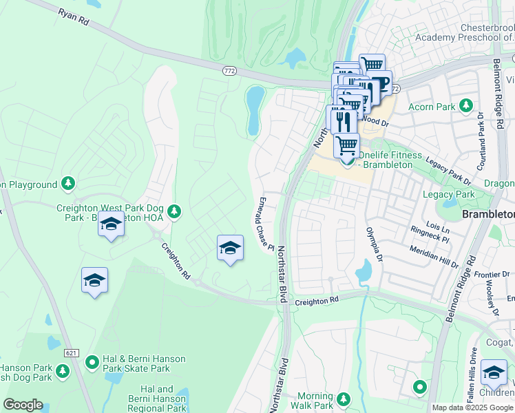 map of restaurants, bars, coffee shops, grocery stores, and more near 22913 Emerald Chase Place in Ashburn