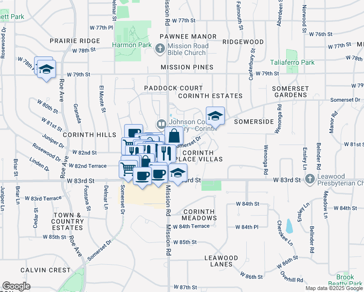 map of restaurants, bars, coffee shops, grocery stores, and more near 3800 Somerset Drive in Prairie Village
